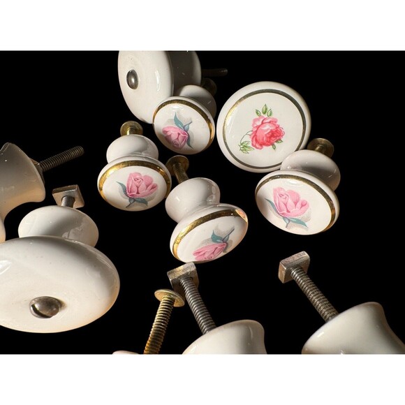 Porcelain White with Pink Rose & Gold Trim VTG  Drawer Pulls Mix lot of 11 - Picture 3 of 11